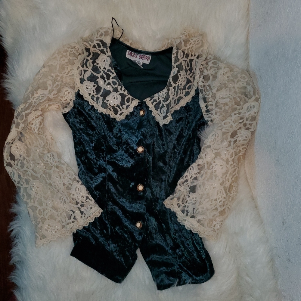 Vintage lace velvet green 80s button blouse - Picture 1 of 12
